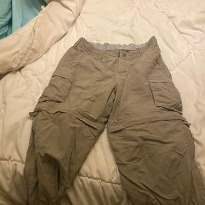 REI women’s 4 petite hiking pants.  Quick dry, zip off convertible into shorts.